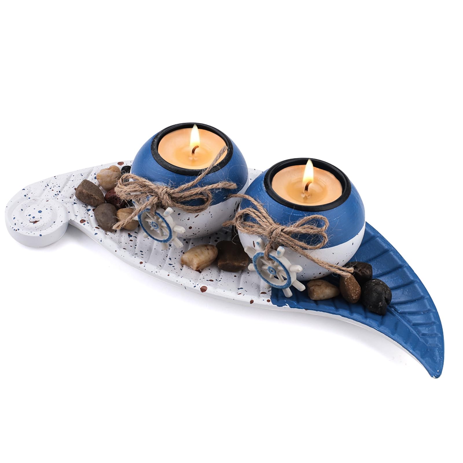 Jinzhenhong Blue And White Nautical Tealight Candle Holders, Blue & White Spherical Candlesticks With Ship Wheel Accents, Leaf-Shaped Tray, Coastal Style