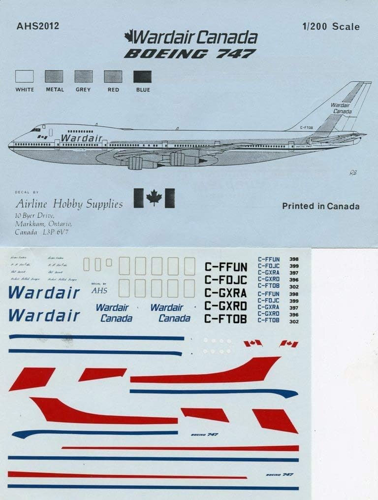 1:200 Wardair Canada Boeing 747 Decal #AHS2012