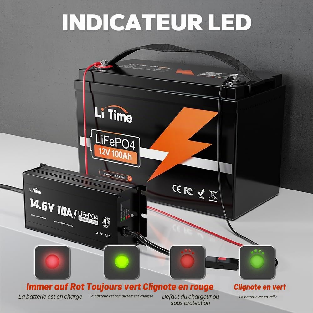 LiTime 14.6V 10A Chargeur LiFePO4 étanche IP67, Chargeur AC-DC au Lithium LiFePO4 avec Fonction de Charge Intelligente à 0V, indicateur LED