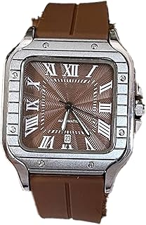 ساعة أنالوج بسوار مطاطي للرجال - تصميم رياضي ومتين - ساعة مقاومة للماء للاستخدام اليومي والخارجي (سوار بني × مينا أحمر / إطار فضي)