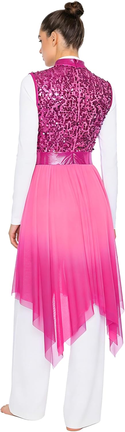Women's Sequined Liturgical Worship Praise Dance Dresses Gradient Mesh Irregular Church Worship Tunic