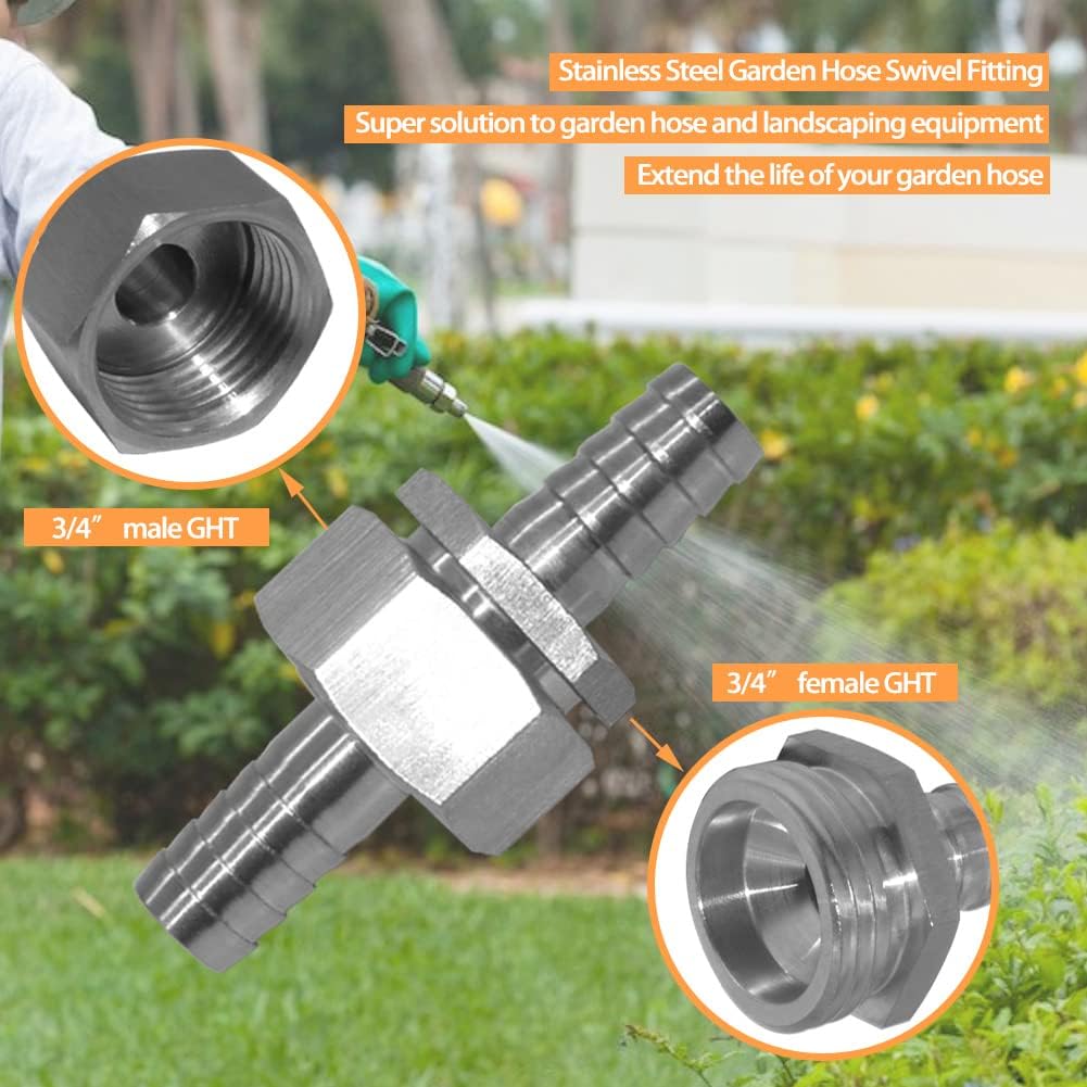 Stainless Steel Garden Hose Repair Kit with Clamps 5/8 Barb to 3/4 GHT Thread Male and Female Water Hose Adapter Connector Garden Hose Fitting 1 Set