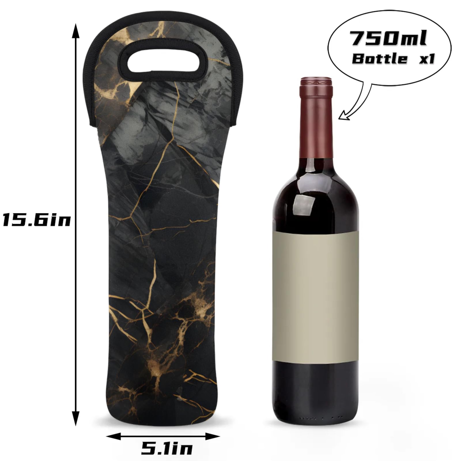 Neoprene Wine Tote Carrier Bag for Wine,Water, Champagne, Beer, Baby Bottles 15.6 x 5.1 Inches, Protective Wine Bag,Black Marble Texture Abstract