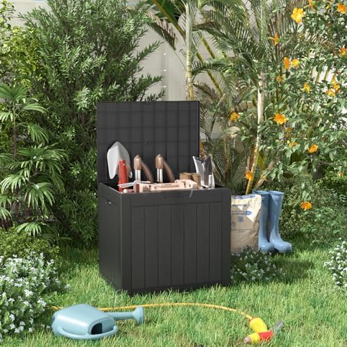 31 Gallon Resin Deck Box, Lockable Patio Outdoor Storage Box for Furniture, Garden Tools and Tools Storage, Waterproof Outside Storage Boxes - Black - 2