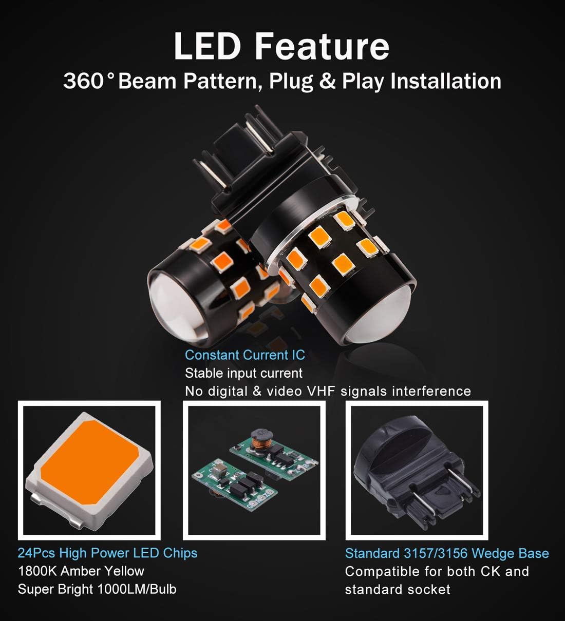 4-Pack Super Bright 3157 3156 3057 4057 4157 LED Bulbs Amber Yellow 9-30V Non-Polarity 24-SMD LED Chipsets with Projector for Turn Signal Lights, Side Marker Lights
