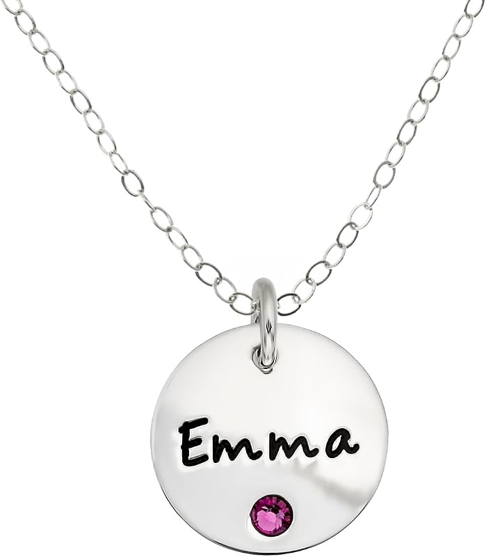 AJ's Collection Birthstone Name Disc Necklace | Polished sterling silver name disc with crystal birthstone and selected chain