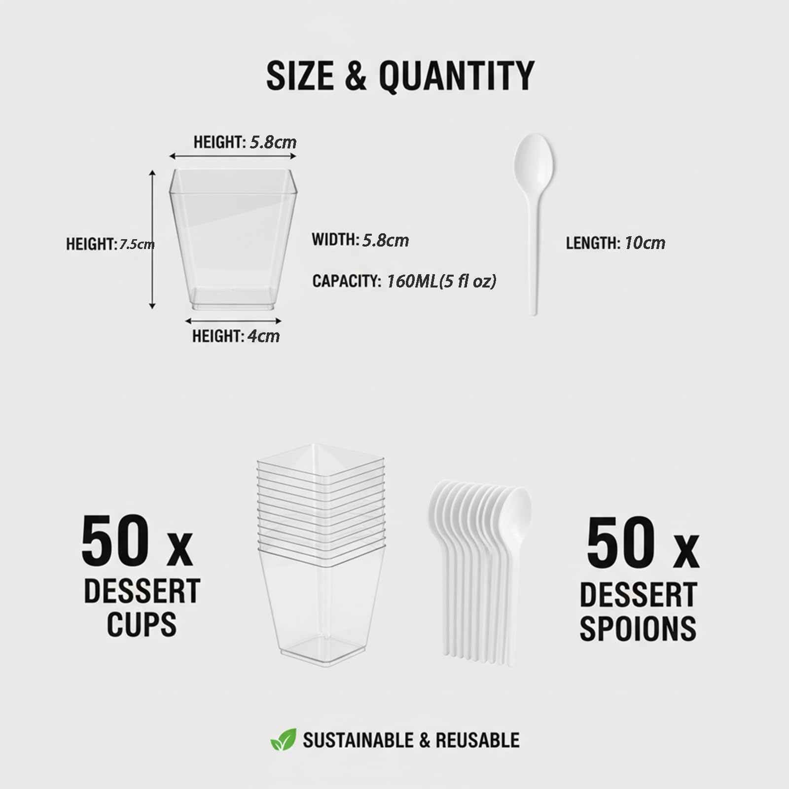 50 Pezzi Coppe da Dessert in Plastica Riutilizzabile, 160ml Tazze Quadrate Trasparenti con Forchette per Semifreddo, Antipasto - Scatole Portata Sicure senza BPA per Feste, Casa