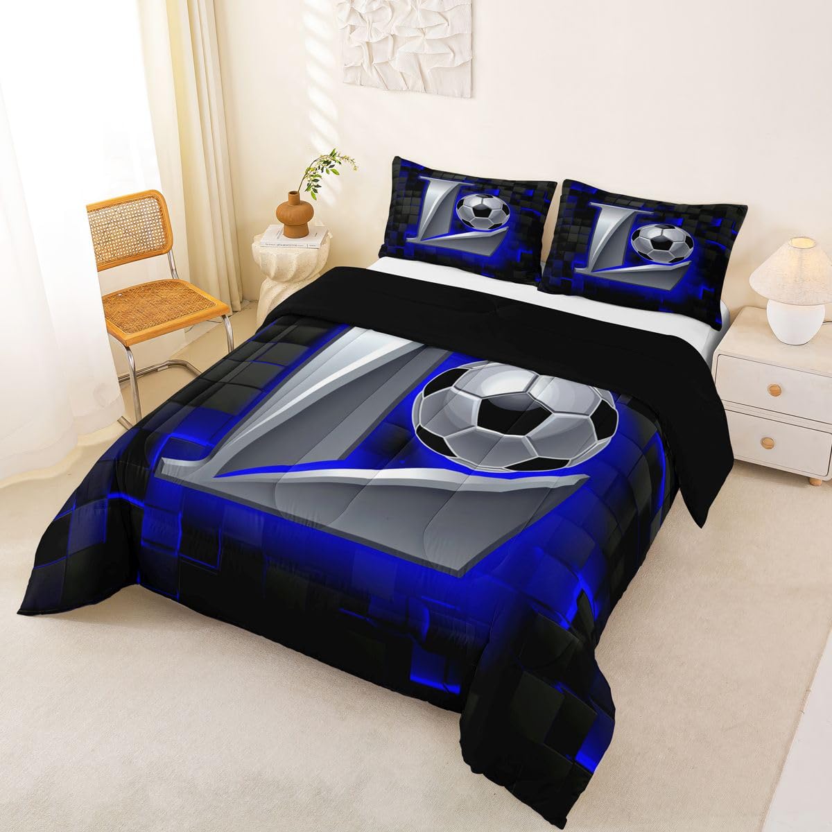 Homewish Piłka nożna pojedyncza kołdra zestaw - piłka nożna litera L zestaw pościeli neonowa czarna niebieska gra w kratkę zestaw kołdry - gry sportowe bez przykrycia kołdra z 1 poszewką na poduszkę s