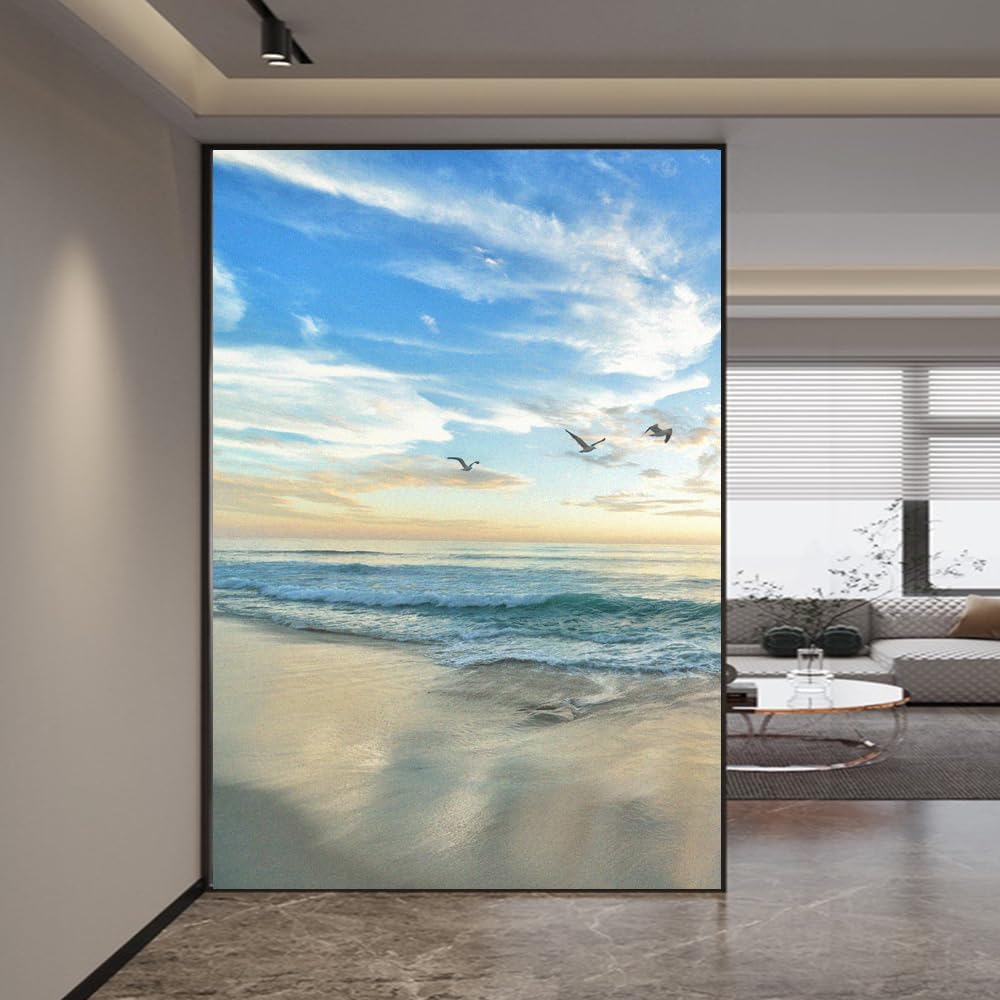 Sea Landscape Decorative Pattern Static Cling Privacy Window Film Heat Control UV Blocking Window Glass Film Decorative Frosted Window Film(80x160cm)