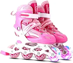 Patins Inline Infantil Rosa, LED, Ajustável 31-34, 4 Rodas, Reforçado