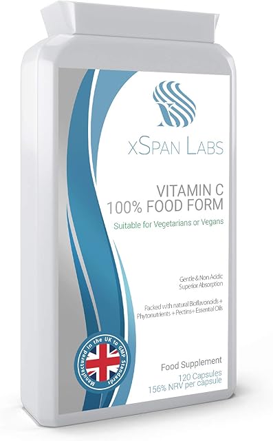 Vitamin C 100 % Food Form 120 Capsules  All Natural Food Form - Gentle & Non-Acidic