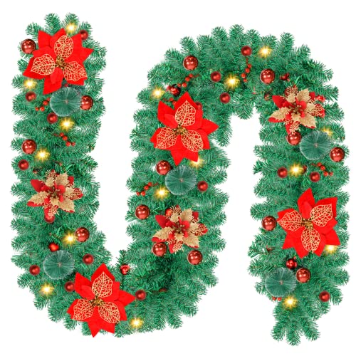 Guddong Guirlande de Noël avec lumières, couronne Prelit Xmas avec boules de fleurs, ornements pour cheminée, escalier, manteau de vacances, décoration de Noël - 270 cm Cover