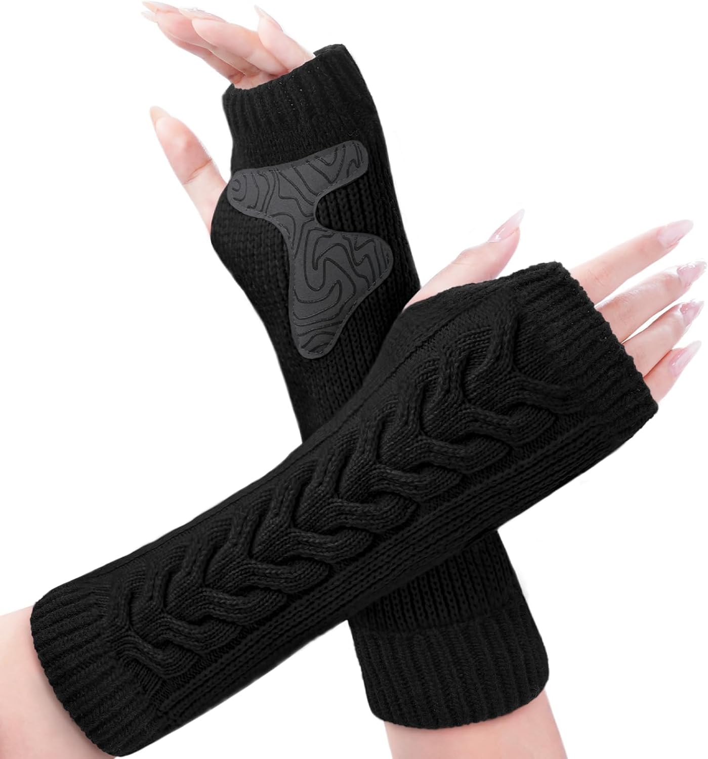 Womens Arm Warmers Fingerless Gloves Cable Knit Fleece Lined Warm Half Finger Mitten with Thumb Hole