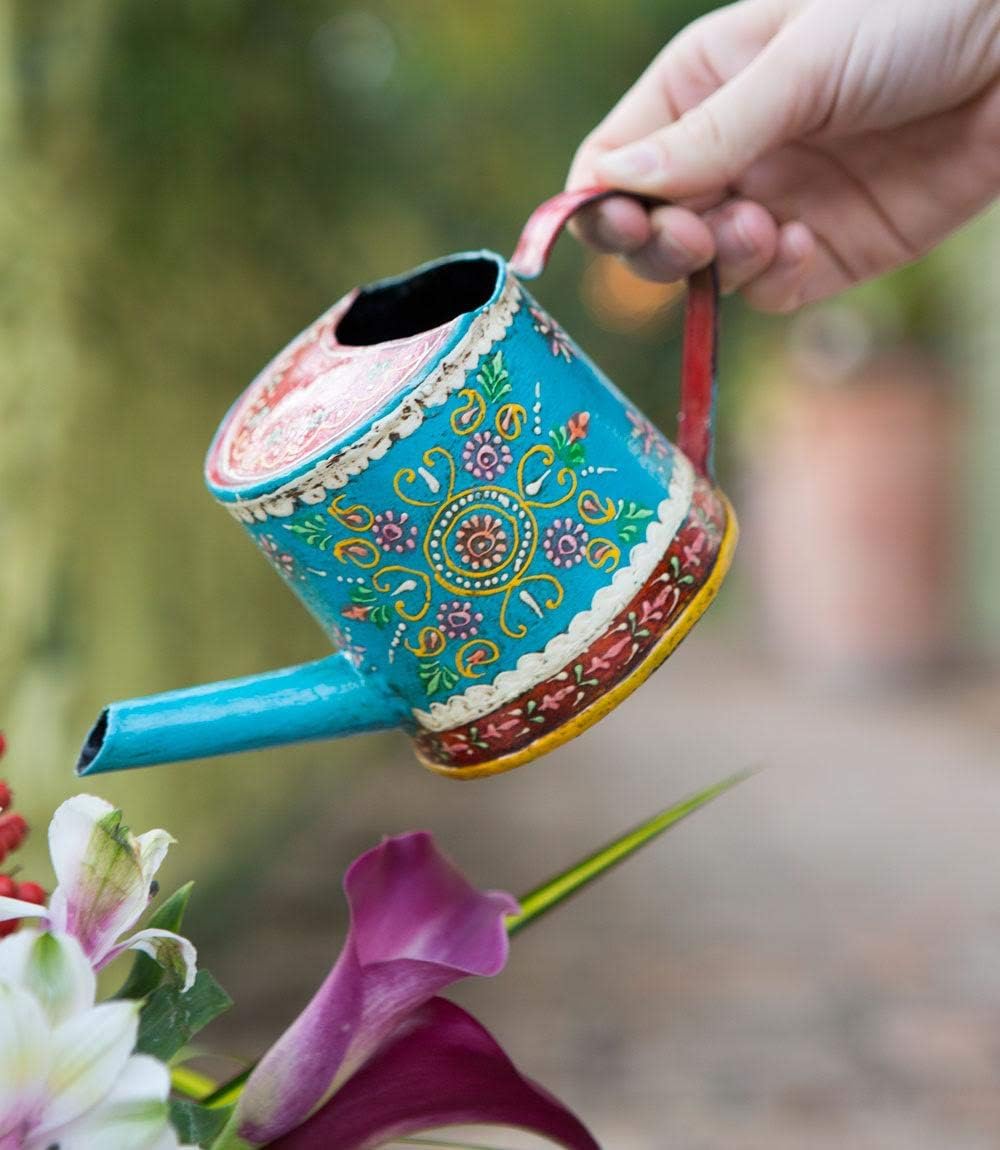 Matr Boomie Handheld Small Metal Watering Can with Hand Painted Colorful Floral Design, for Indoor Outdoor Plants (Mini 8 inches, Iron), Gift for Her, Mom, Mother's Day