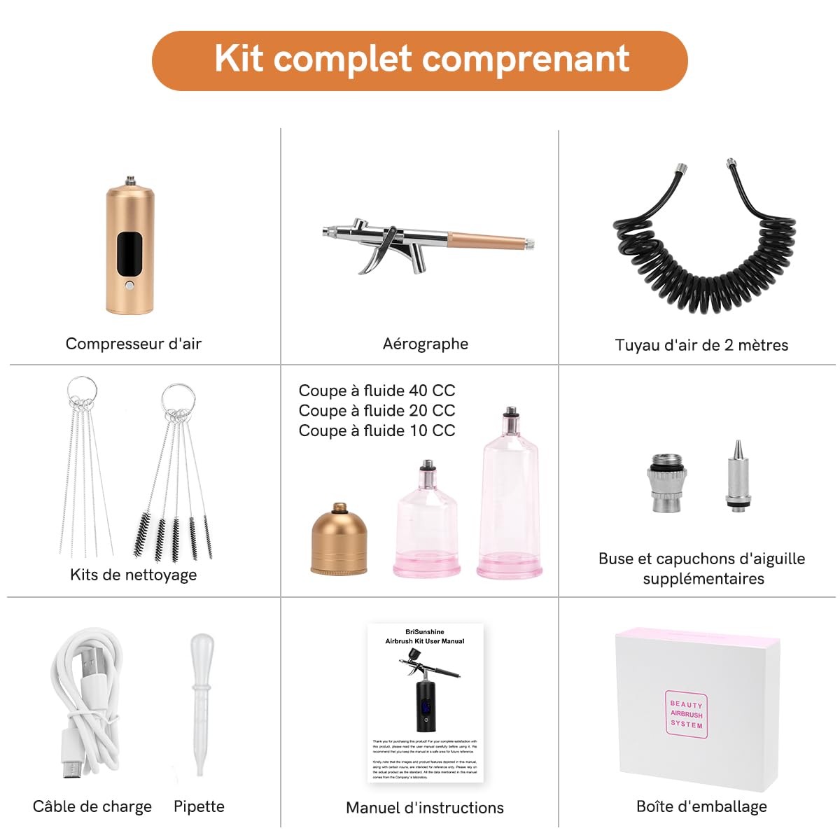 Kit Aerógrafo Inalámbrico 38PSI Ajustable con Compresor, Recargable, Pantalla LCD, Manguera Extensión, Ideal para Peinado, Nail Art, Decoración Pasteles, Maquillaje (38 PSI - Oro Champán)