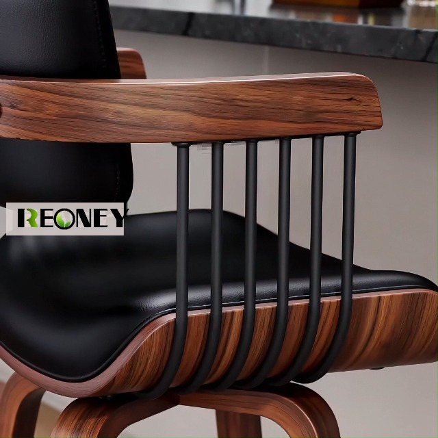 Butacos REONEY estilo mid-century, estructura de madera curvada, tapizado en tela de lino gris oscuro | Altura 26 pulgadas, giro de 360°, brazos curvos y respaldo ergonómico para islas de cocina y bares en casa miniatura 7