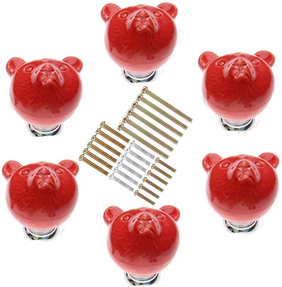 MayGreeny Cute Bear Ceramic Knobs 6Pcs Drawer Handles DIY Cabinet Pulls Dresser Closet Wardrobe Kids Cupboard Door Kitchen Furniture Decoration with Mounting Screws (Red) - Image 2