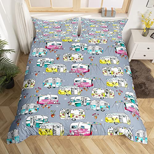 Camper Van Bedding Duvet Cover Set Kids Happy Camping Bedding Set Boys Girls Nature Farmhouse Glitter Decor Comforter Cover Set Microfiber Bedspread Cover Bedroom Bedclothes Single Size