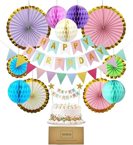 Pastel Birthday Decorations Set – Rainbow Birthday Decorations with Banner, Bunting, Paper Fans, Pom Poms, Honeycomb Balls & Cake Topper – Perfect Pastel Party Decorations for Girls & Women