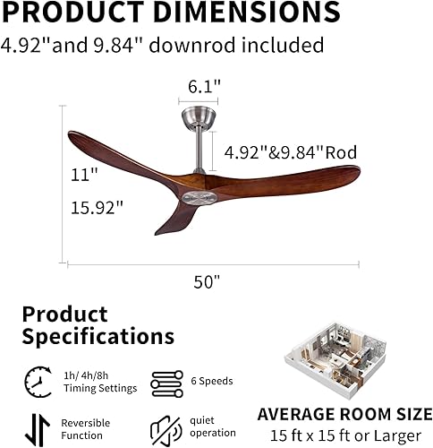 Miniatura 2 de Ventilador de techo de madera para interiores y exteriores de 52 pulgadas, ventilador de techo CC de 3 aspas con control remoto, 2 varillas