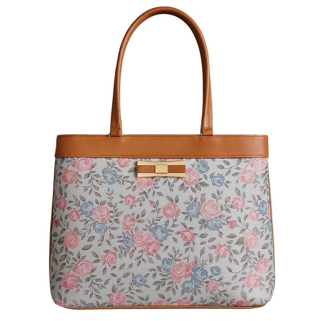 TYPIFY® Elegance Collection Women's Floral Print Tote Handbag, Faux Leather with Brown Trim, Pink and Blue Roses Pattern, Metal Bow Detail | Spacious Shoulder Bag for Office, College & Daily Use |Gift