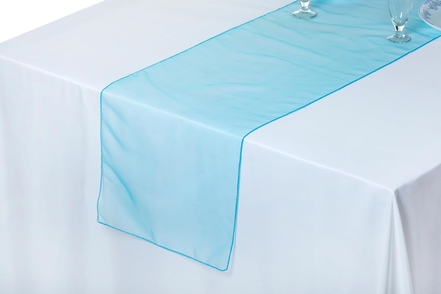 MDS 15 Pack Organza Table Runner 12 x 108 inch Long Premium Table Runners for Wedding Party, Events Decoration, Banquets Decorations, Bright and Smooth Silk Fabric Party Table Runner- Light Teal