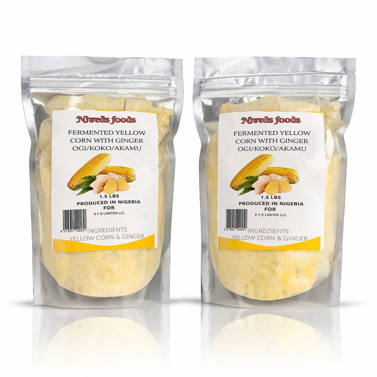 Nireds Foods Fresh Yellow Corn Pap with Ginger (Ogi/Akamu) – Fermented Corn Porridge | (2)1.5 lbs (3lbs Total) | Traditional Nigerian Breakfast Porridge.