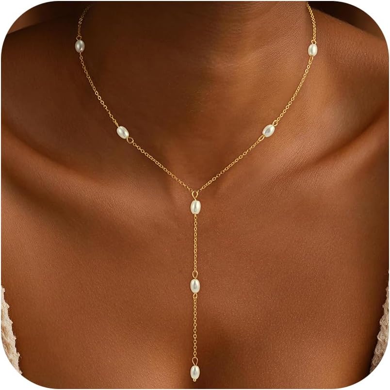 Eaciy Lariat Gold Necklace for Women, Dainty Long Necklace 14k Gold Plated Y-Shaped Necklace Trendy Layered Bar Paperclip Link Beaded Chain Necklaces Simple Gold Jewelry for Women Gift
