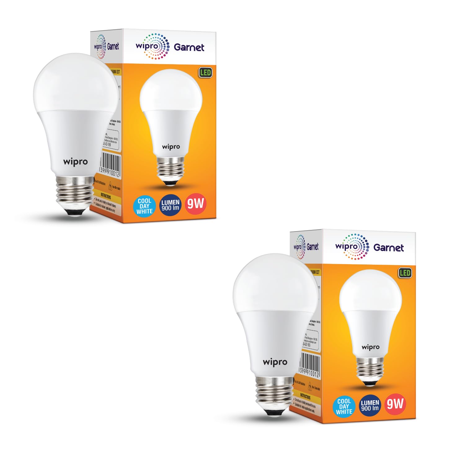wipro Garnet 9W LED Bulb for Home & Office |Cool Day White (6500K) | E27 Base|220 degree Light coverage |4Kv Surge Protection |400V High Voltage Protection |Energy Efficient | Pack of 2