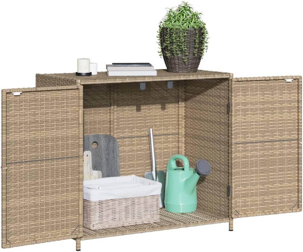 Patio Storage Cabinet Beige 32.7"x17.7"x29.9" Poly Rattan, Patio Storage Boxes