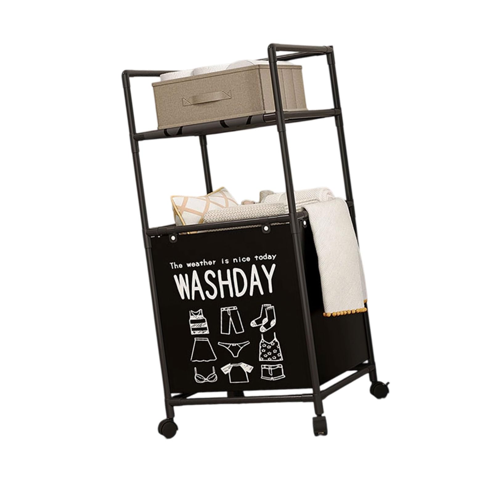Space Saving Laundry Basket with 2 Shelves Sturdy Oxford Fabric Removable Liner Foldable Clothes Organizers Laundry Basket with Wheel