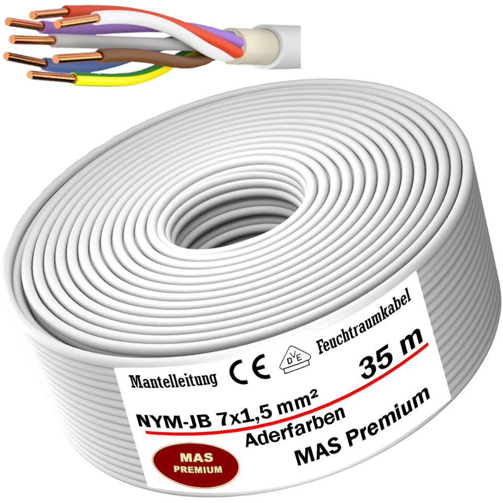 MAS Premium Kabel zasilający do wilgotnych pomieszczeń, kabel zasilający 5-100 m, przewód płaszczowy NYM-JB 7 x 1,5 (kolory skóry), kabel instalacyjny OFC do stałego układania (35 m)