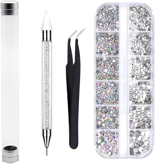 Kungfu Mall 4 Sizes AB Nail Crystals Clear Rhinestones and Art Rhinestones with Pick Up Tweezer and Rhinestone Picker Dotting Pen, Nail Art Tools for Crafts Nail and Face