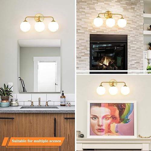 Miniatura 3 de Lámpara de pared de latón cepillado de mediados de siglo, moderna lámpara dorada de 3 luces con pantallas de bola de vidrio blanco lechoso,