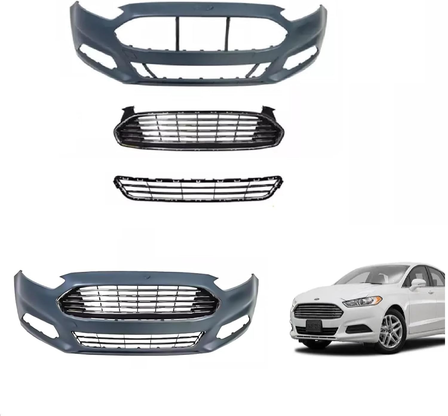Fusion Front Bumper Cover & Upper Lower Grille Replacement For 2013 2014 2015 2016 Ford Fusion SE S Titanium Sedan 4-Door