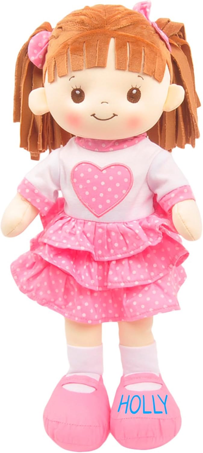 Personalized Snuggle Dolls with Your Name - 16" Pink Heart Dress Custom Baby Rag Doll Soft Customized Plush Doll for Girls - Muñecas de Trapo Personalizadas para Niñas