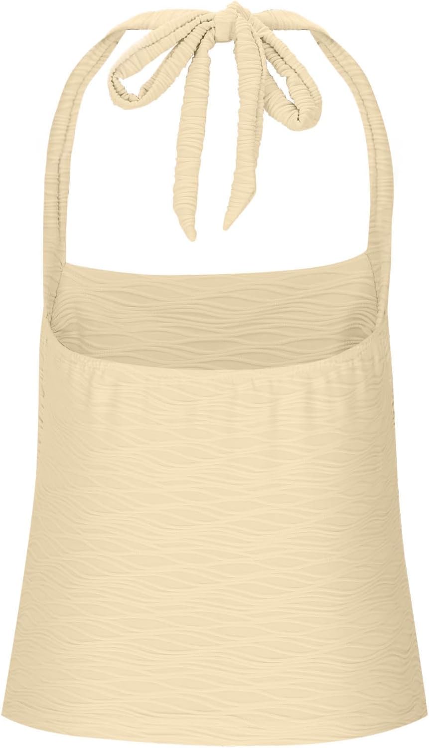 Women's Ruched Halterneck Y2K Crop Tops Tie Back Sleeveless Slim Fit Cami Top Teen Girls Textured Square Neck Shirts