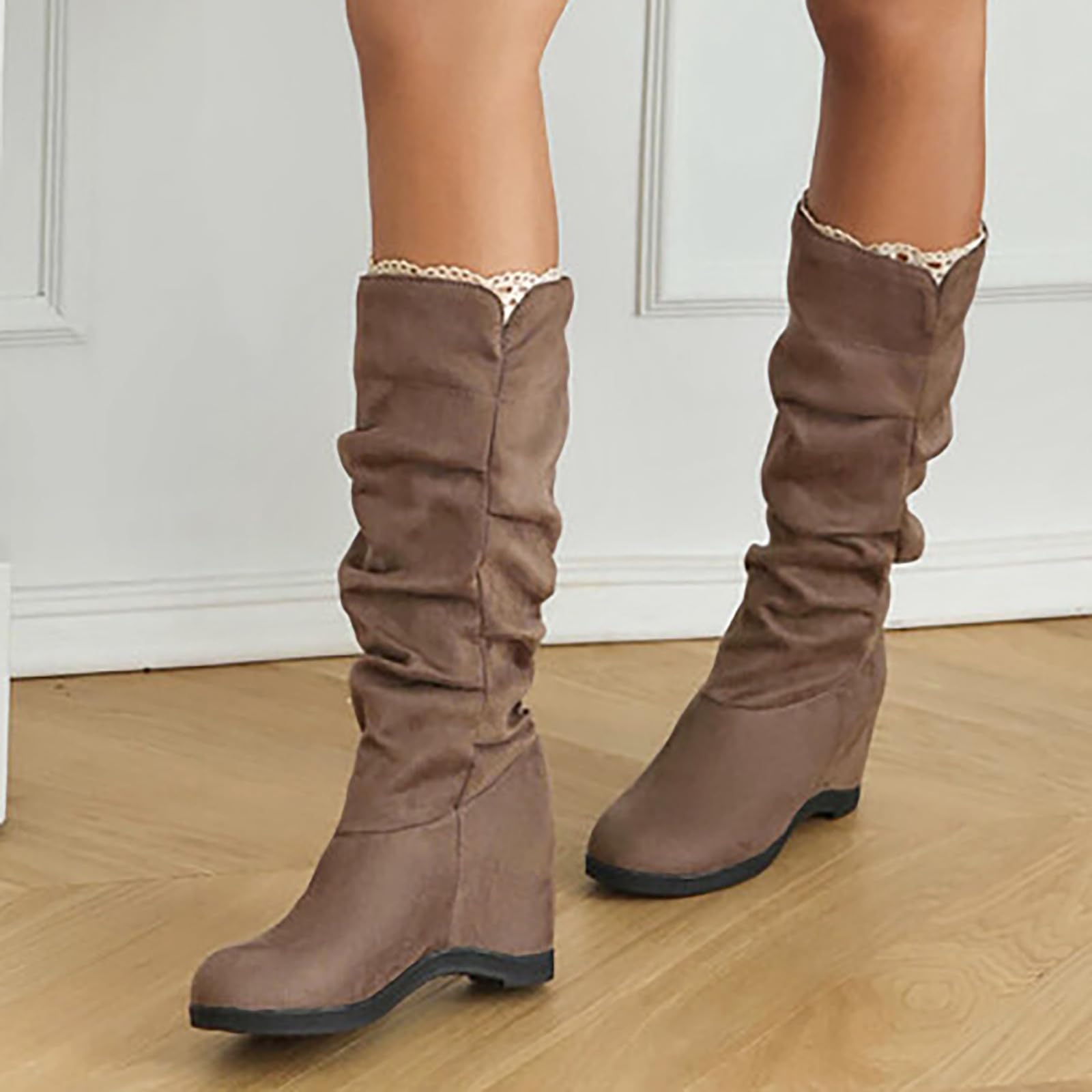Botines para mujer Otoño Invierno Estilo Coreano Ante Color Sólido Tacón Cuña Botas Alto No Rodilla Alto Botas Largas Mujer Elegante