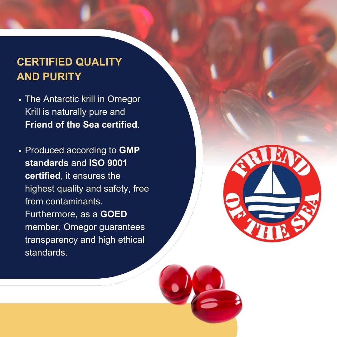 Aceite de Krill Omega 3 IFOS Certificado - OMEGOR Krill Oil Omega3 EPA y DHA con Fosfolípidos, Colina y Astaxantina de Alta Biodisponibilidad - sin Sabor a Pescado (60 Cápsulas)