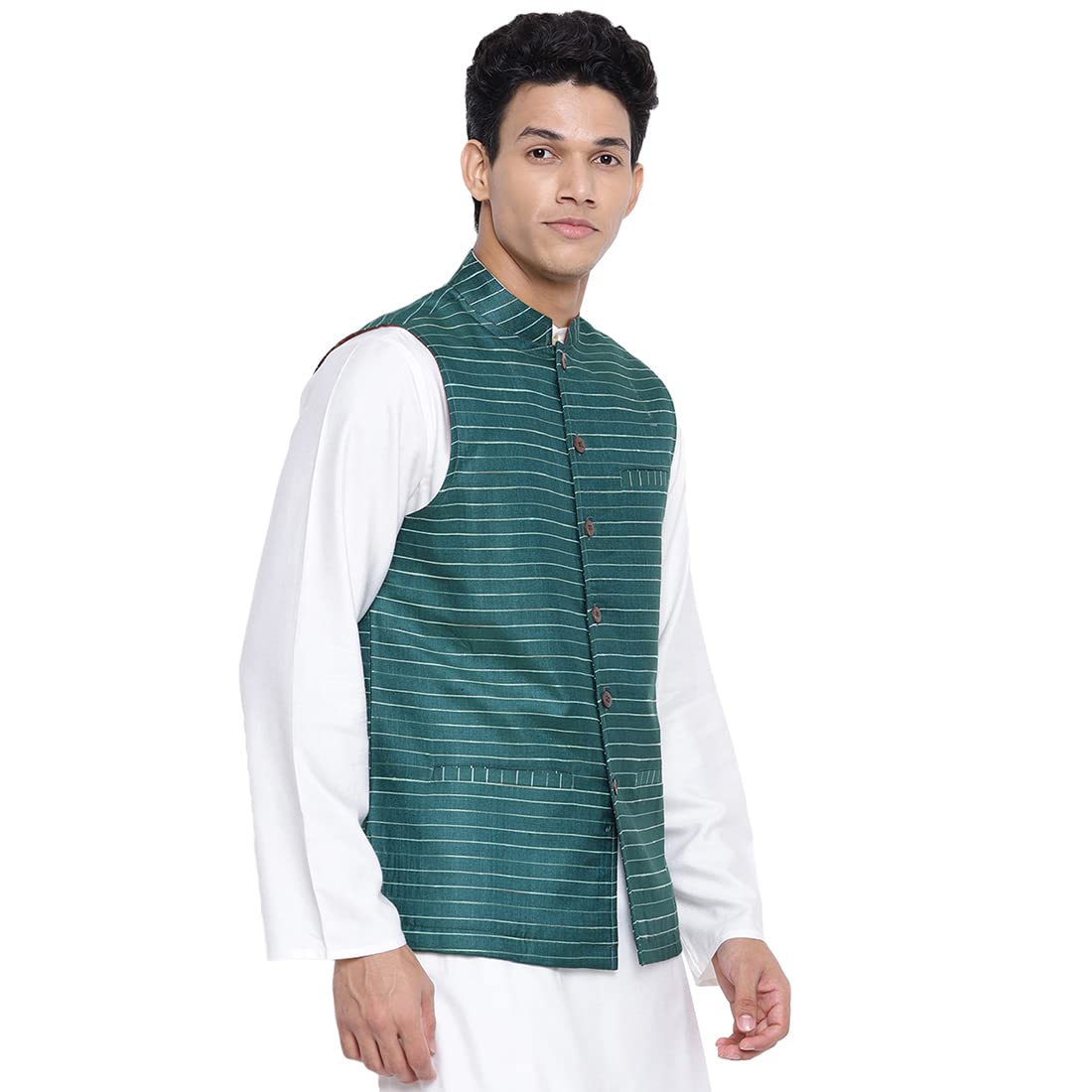 Fabindia Men Viscose Blend Striped Nehru Jacket Green_Xl