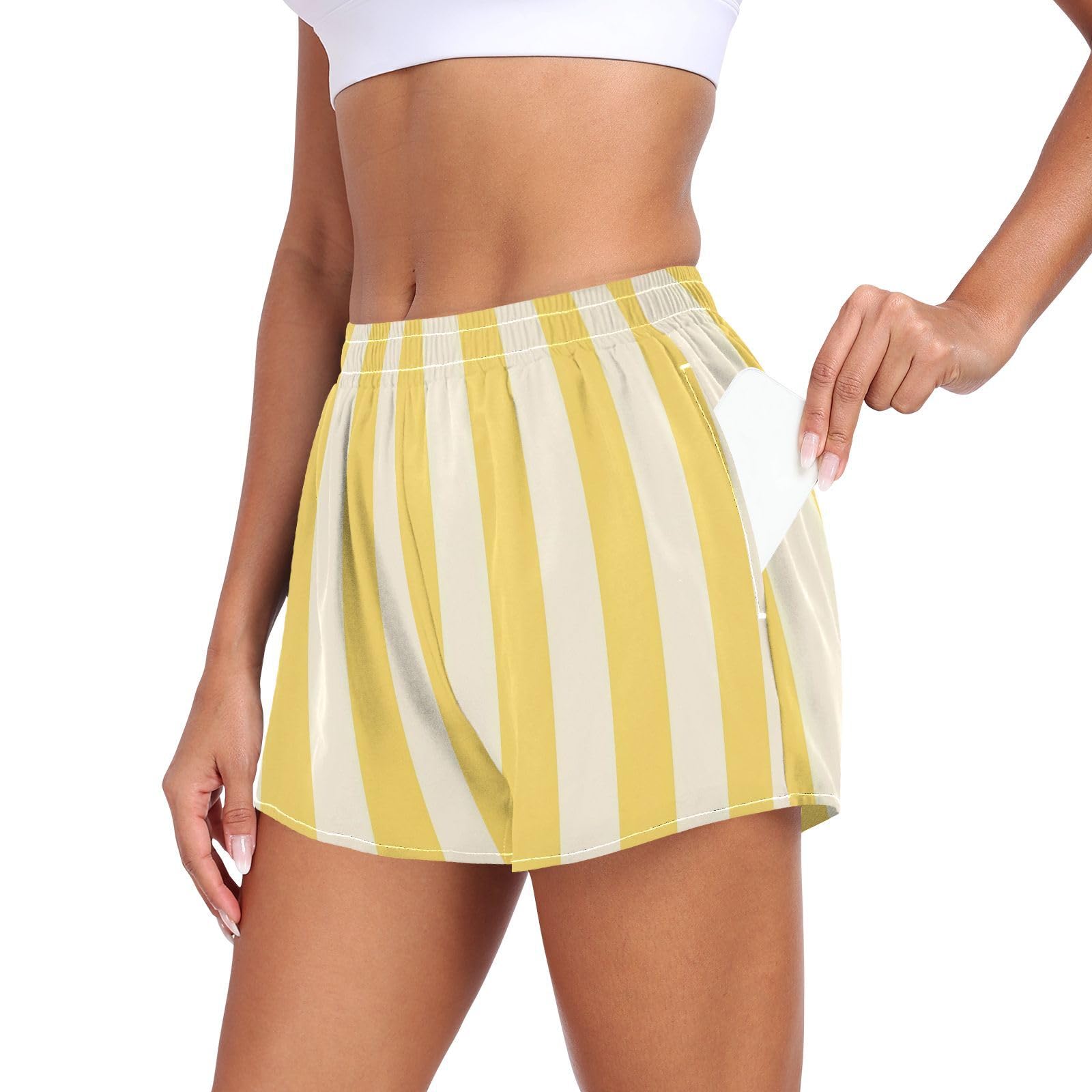 UMIRIKO Yellow White Stripe Athletic Shorts for Women with Pockets S 2300887