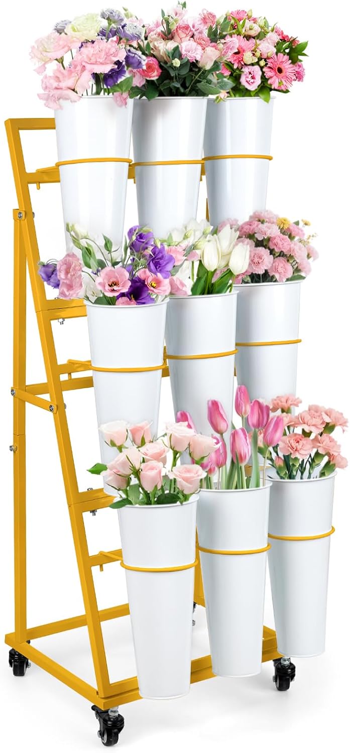 3FT Flower Display Stand with 9 Buckets,Metal Flower Bar Stand with Wheels,3 Layers Moving Florist Bouquet Shelf for Indoor Outdoor Garden,Flower Shop,Wedding,Party Decor (GOLD)