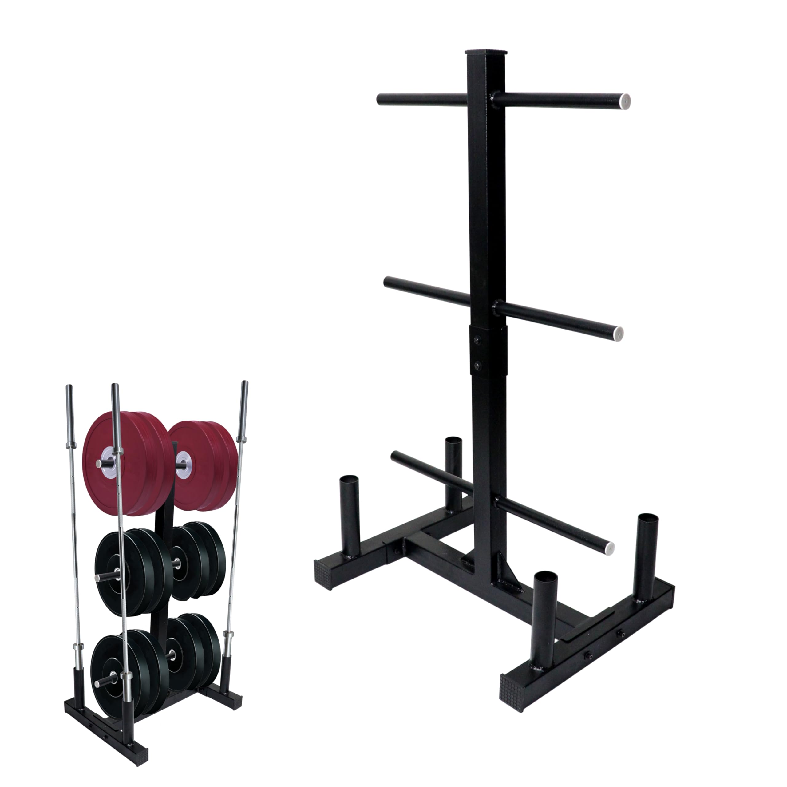 Gym Weight Plate Storage with Barbell Stand | Multi-Arm Bumper Plates Rack with 4 Barbell Holder | Gym Rack with Rubber Strip Weight Stand for Home, Commercial Fitness Studio