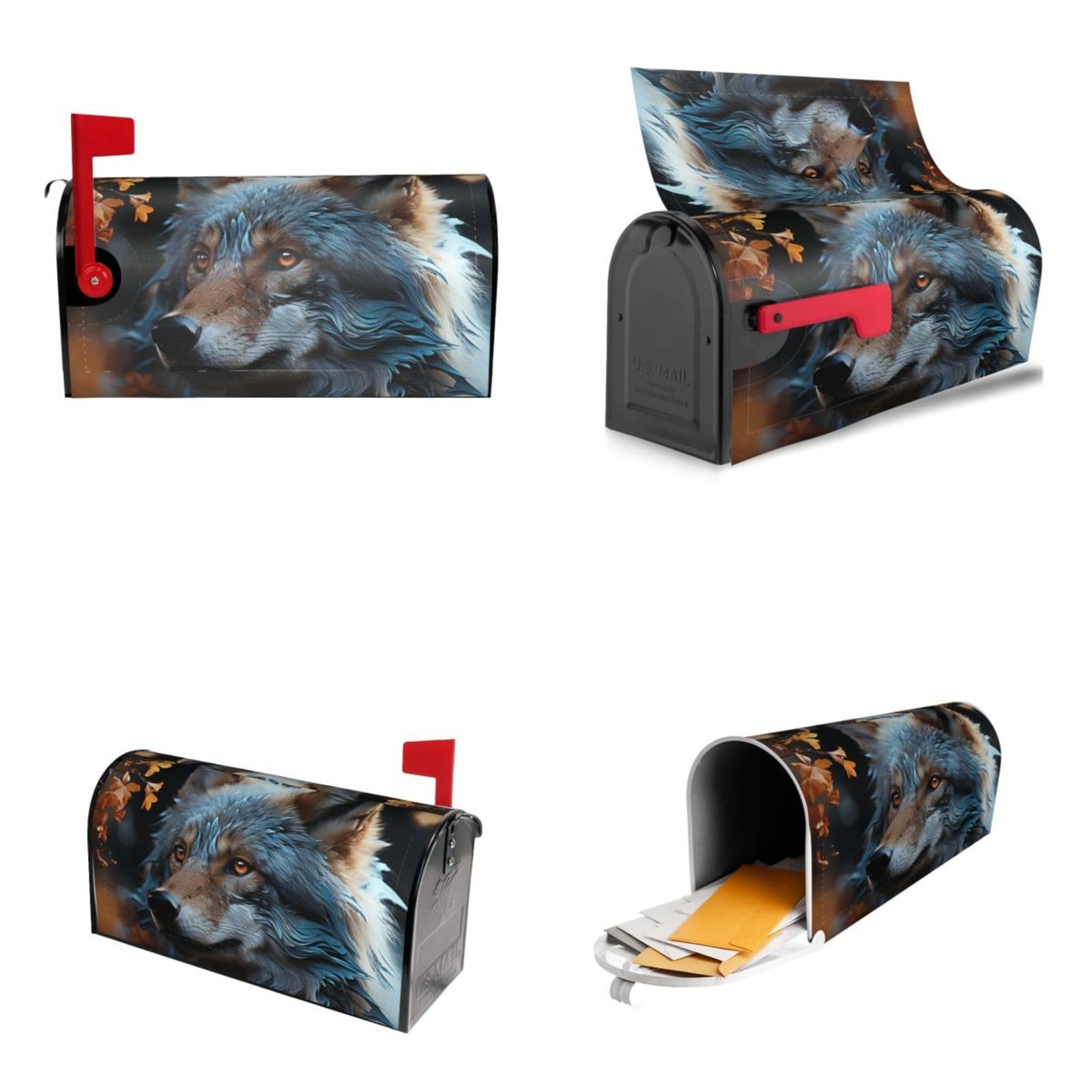 Autumn Leaves and a Wolf Mailbox Covers Magnetic Wraps Post Letter Box Cover Garden Home Decor 25.5x21 in
