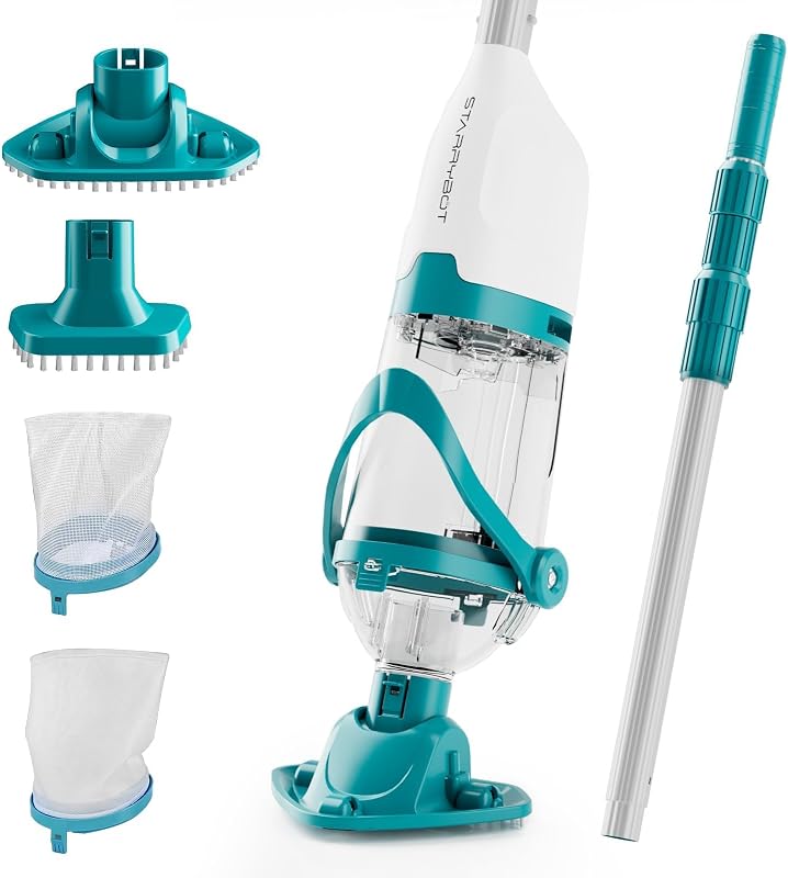 Hot Tub Vacuum, Handheld Pool Cleaner with Pole | Designed for spas and above-ground pools, with 90-min runtime, brush heads, and filter bags for spot cleaning.