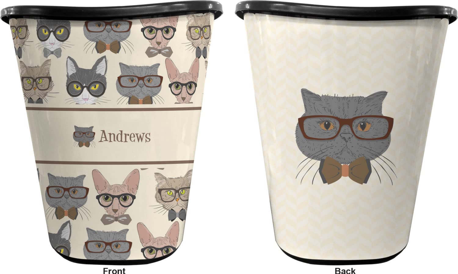 RNK Shops Personalized Hipster Cats Waste Basket - Double Sided (Black)