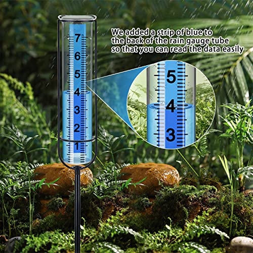 Richene Rain Gauge Upgrade, 7\" Capacity Glass Rain Gauge Outdoor-Detachable Rain Guage with Lengthen Stake Best Rated for Yard, Lawn & Garden