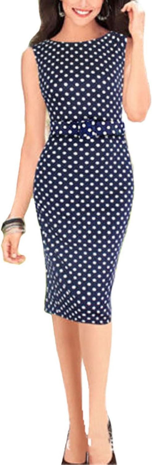 Viwenni Women's Polka Dot Knee Length Business Pencil Dress Blue(XXL,Blue)