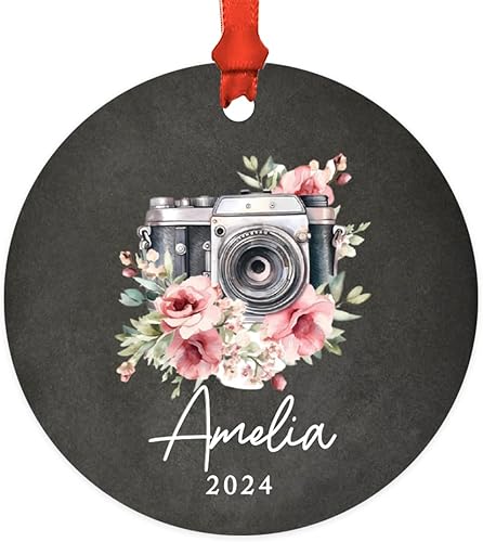 Miniatura 11 de Andaz Press Adorno de cámara de película personalizada de metal de 3.5 pulgadas, diseño de cámara vintage rosa, adornos de cámara para árbol de