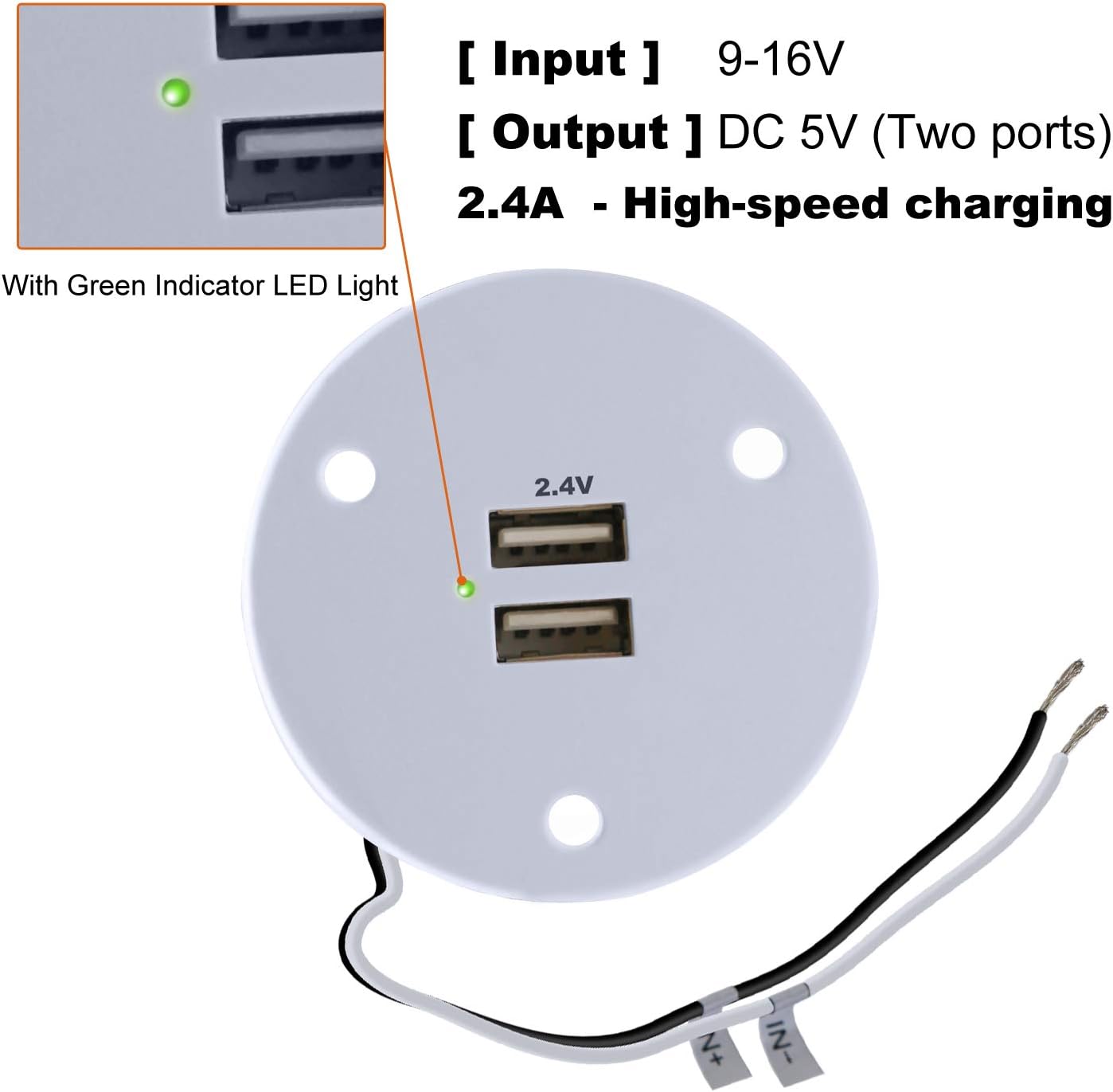 Facon 12V RV USB Charger Socket, 5V/2.4A Dual RV USB Outlet, Wall Mount RV USB Charging Port, for RV Trailer Camper Boat Marine Motorhome (White)